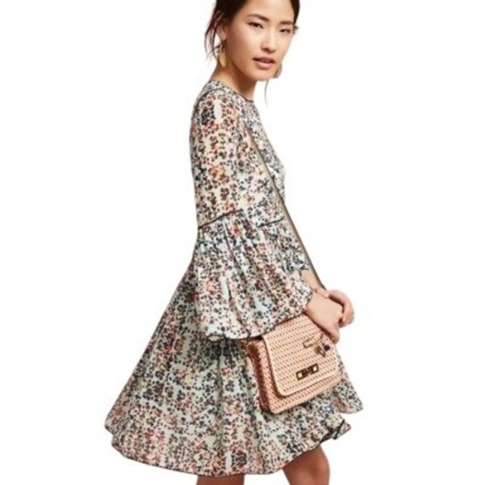Bhanuna Anthropologie Floral Bell Sleeve Mini Dress Women's 0 Blue Boho Feminine - Picture 4 of 15
